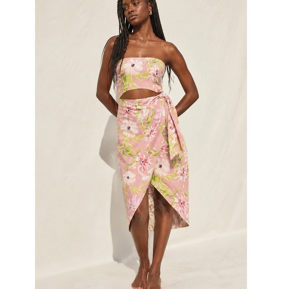 Express Pink Floral Strapless Cutout Midi Dress Linen Blend Tie Women's Large